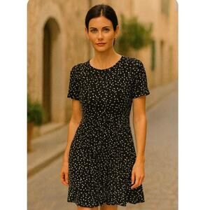 Vintage 90s Y2K Black Slinky Floral Print Mini Babydoll Grunge Dress Medium